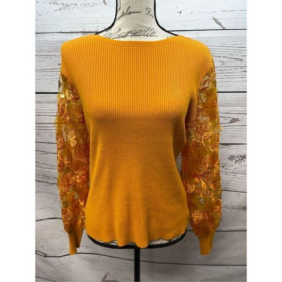 Siani Milano Women's Mustard Yellow Ribbed Lace Sleeve Sweater Size S - Picture 1 of 5